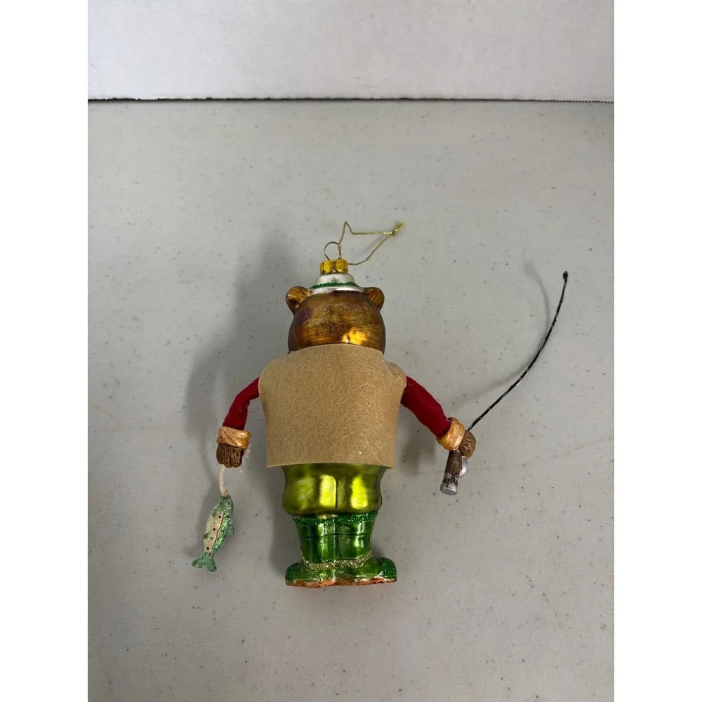 Fishing Bear Mercury Glass‎ Christmas Ornament Brown Bear Fisherman Vest Waders